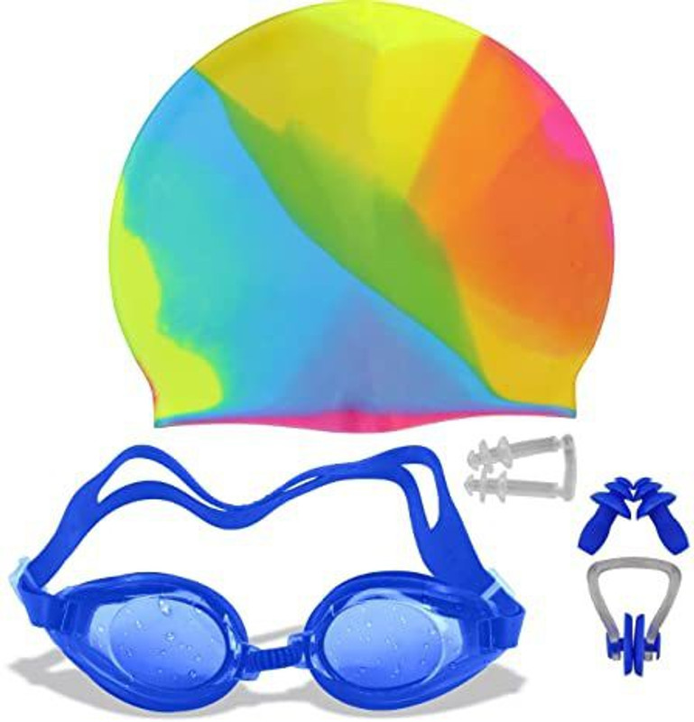khorduExpo 100% Silicone Swimming kit of Goggles,Cap,earplug noseplug Set for All Age Group Swimming Kit