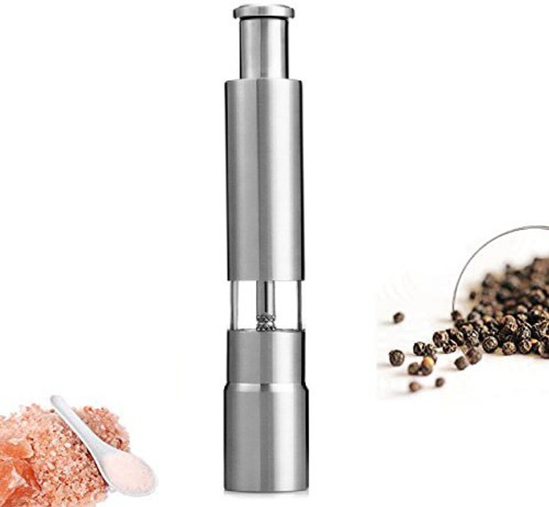 MYYNTI Stainless Steel Manual Thumb Push Salt Spice Sauce Grinder Pepper Mill Shakers Stainless Steel Traditional Pepper Mill(Silver, Pack of 1)
