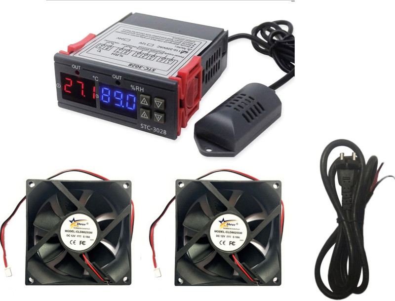 DHRUV-PRO STC-3028 , 2 3 Inch Cooling Fan 2 Pin AC Power Cord (Cable) 2 mtrs, AC 220V Adjustable Digital Thermostat 10A Temperature Humidity Regulating Device for Incubator/Poultry with NTC Sensor Temperature Sensor and Controller Temperature Sensor and Controller Electronic Hobby Kit