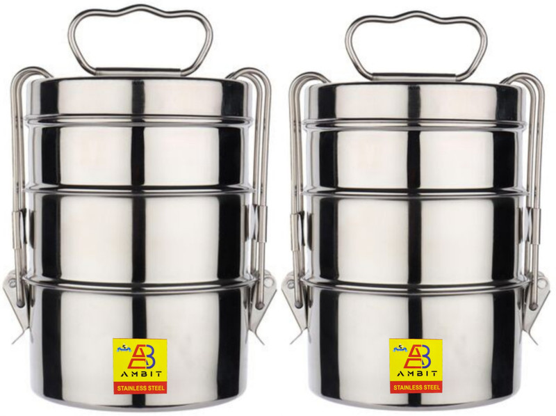 Ambit Stainless Steel Clip Carrier Lunch Box Size 9x3 pack of 2 lunch box 3 Containers Stainless Steel Office Lunch Box(1000 ml)