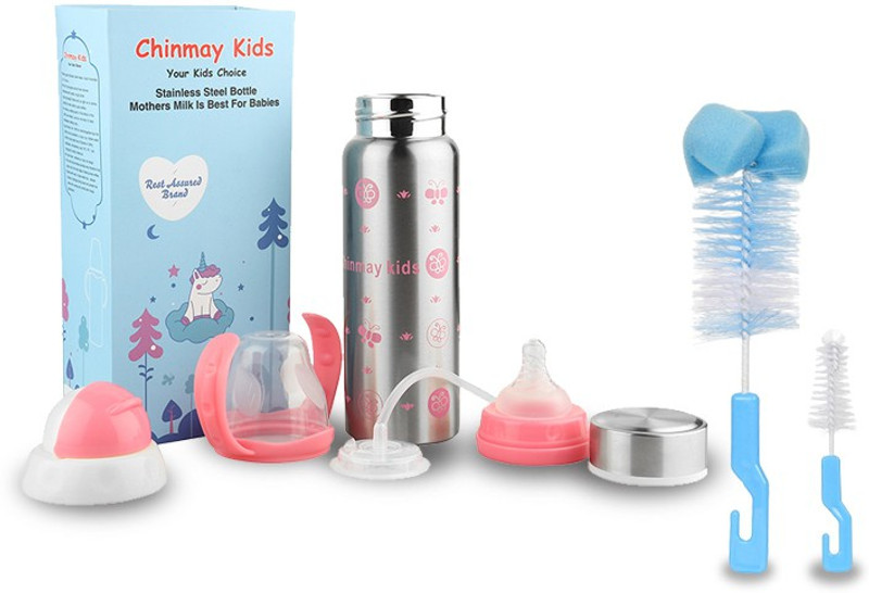Chinmay Kids Multifunctional Stainless Steel Feeding Bottle With Bottle Cleaning Sponge Brush - 240 ml(Pink Silver & Blue)