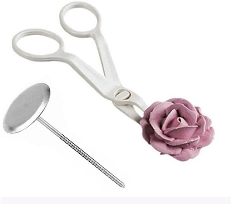Rvs fantastikitchen store 1Pc Cake Flower Scissors with 1Pcs Nail Flower Lifter Set Stainless Steel, Plastic Round Icing Nozzle(Steel, White Pack of 2)