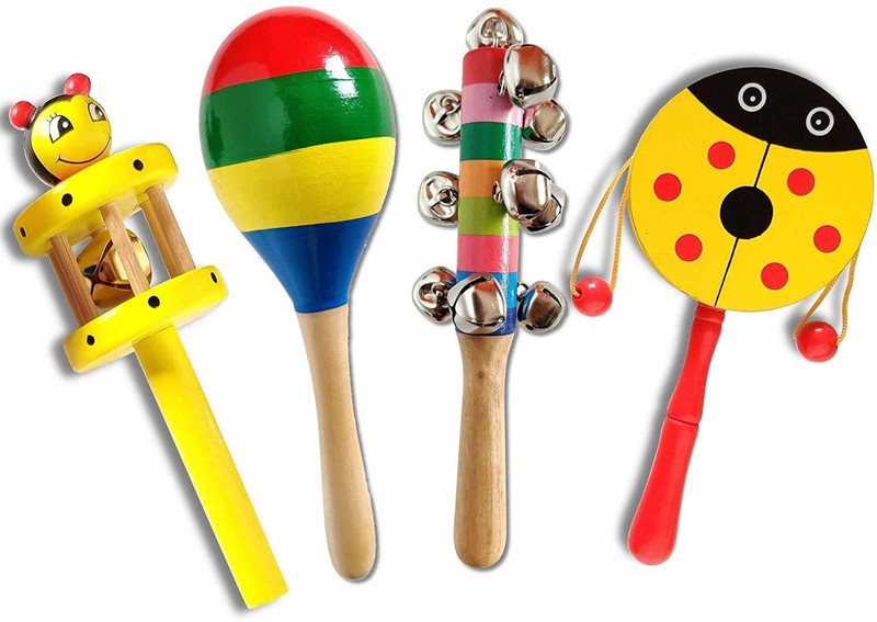 CART OF CRAFTS Handmade Non Toxic Colorful Wooden Baby Rattle Toy - Set of 4 pcs(Multicolor)