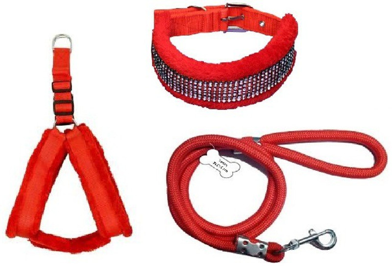 Pet N Perry PetNPerry Export Quality Dog Red Furr Harness,Collar & Simple red Rope Medium Dog Harness & Leash(Medium, RED)