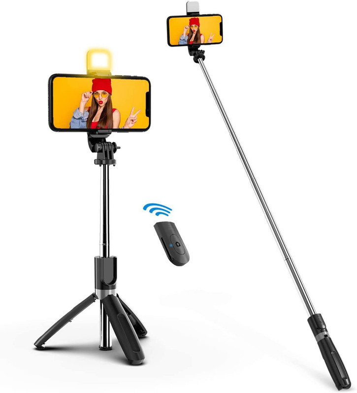 Priyank R1S 3-in-1 Extendable Selfie Stick with LED FLASH Light Wireless Bluetooth Remote and Tripod Stand, Rechargable LED FLASH Light, Compatible with All Phones Bluetooth Selfie Stick(Black, Remote Included)