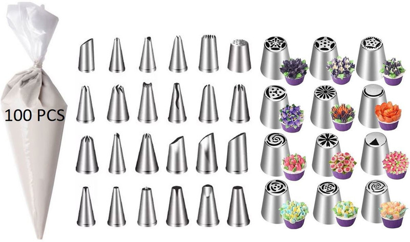 MAFAHH 12Pcs Russian 24Pcs Multi Design 100Pcs Icing Bag Cake Decoration Tool Stainless Steel Multi-opening Icing Nozzle(Steel Pack of 136)