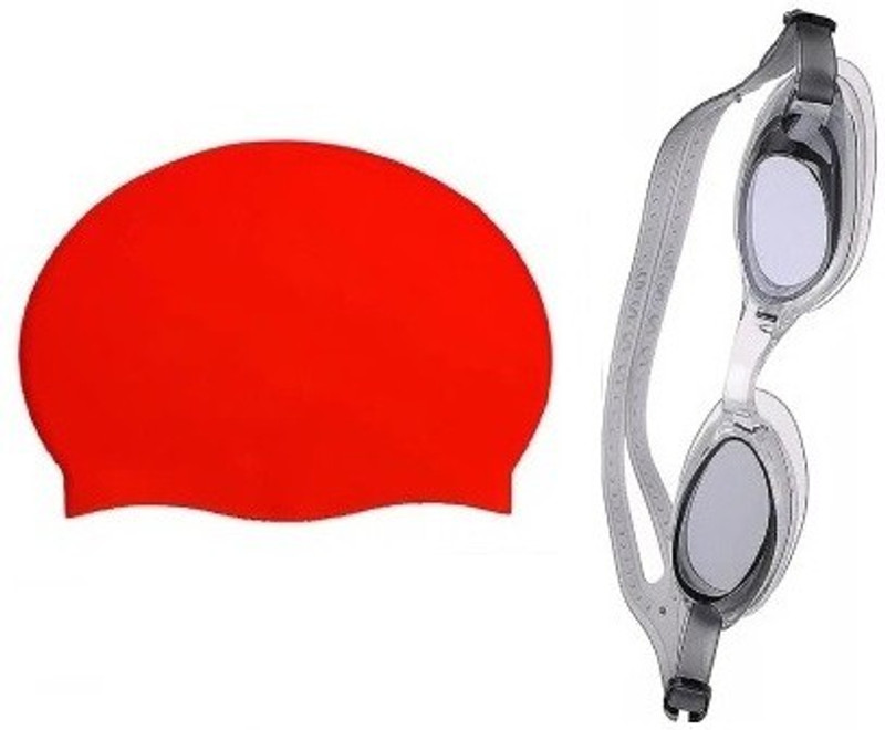 HHS SPORTS Unisex Silicone anti fog swimming goggle with cap red Swimming Cap(Pack of 2)