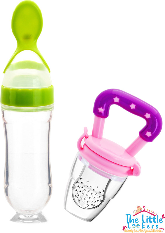 The Little Lookers Infant Squeezy Food Grade Silicone Bottle Feeder & Silicone Food Fruit Pacifier/Nibbler/Soother for Babies/Kids/Children (Squeezy Feeder 'Green'' + Pacifier 'Pink') (Pack of 2)  - Silicone(Green & Pink)