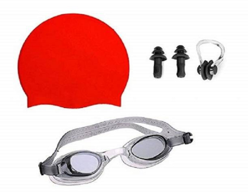 HHS SPORTS Unisex silicone anti fog swimming goggle with blue cap , nosepin and ear plugs Swimming Cap(Pack of 4)