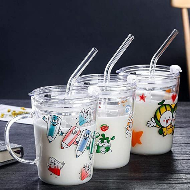 Beadart Random Design Glass Drinking,millk,water,juice mug with straw for children 400ml Glass Mason Jar(400 ml, Pack of 3)