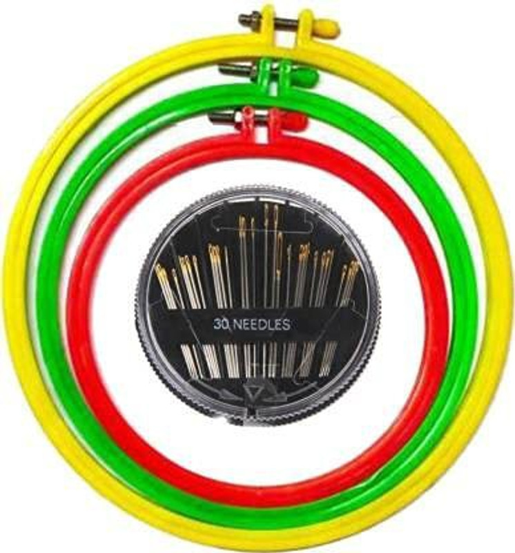 DOUZAND Combo Pack of 3 Plastic Embroidery Hoop Frame of 4,6,8 in. + 30 Compact Needles.