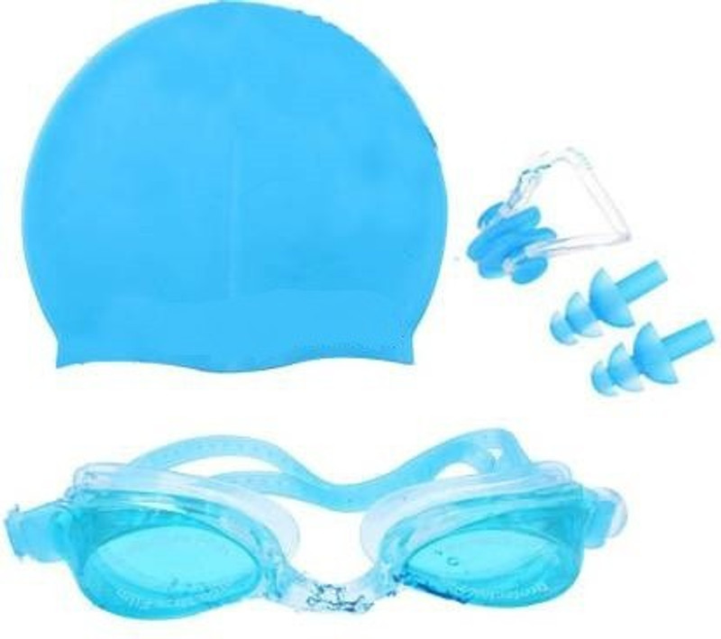 HHS SPORTS Unisex silicone swimming goggle with sky blue cap , nosepin and ear plugs Swimming Cap(Pack of 4)