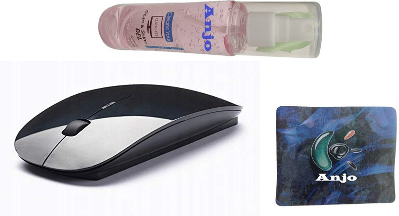 ANJO Combo of Ultra Slim Wireless Mouse, Mouse Pad & Cleaning Gel 100ml Wireless Ambidextrous Optical Gaming Mouse(USB 2.0, Black)