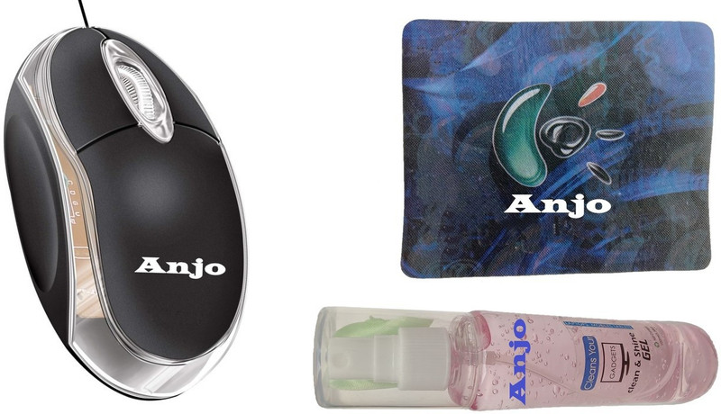 ANJO Combo Wired LED Mouse (Black), Mouse Pad & Cleaning Gel Spray 100ml Wired Ambidextrous Optical Gaming Mouse(USB 2.0, Black)