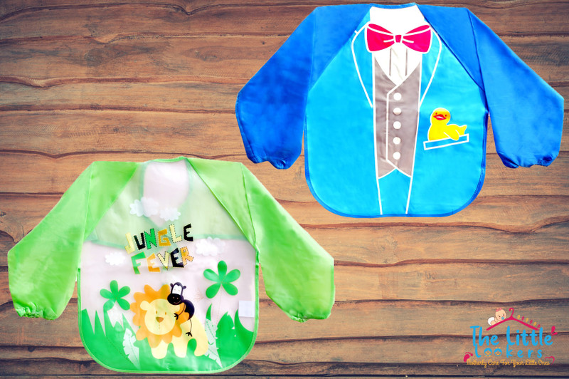 The Little Lookers Sleeved Washable Waterproof Bib/ Apron|PVC Bibs for Baby (Green & Blue)(Green & Blue)