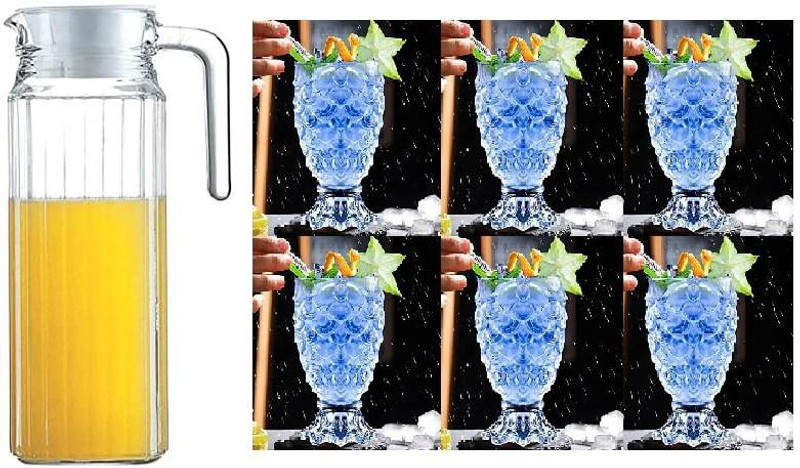 S1Store New Type Glass Water Jug Glass 7 Piece Set, Household Carafe Heat Resistant Jug Glass Set, 1.1 Litter Water Jug With 250ML 6 Drinking Glass Set (Pack Of 7) Jug Glass Set(Glass)