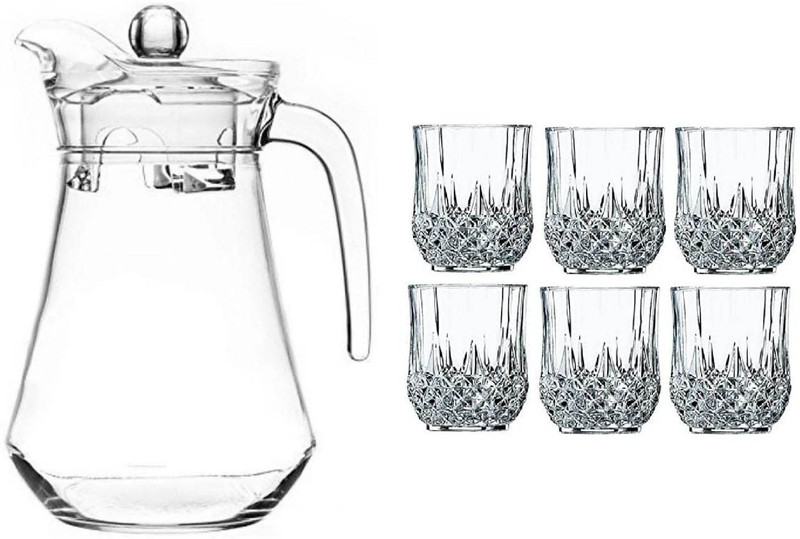 Beadart Pack of 7 Crystal Cut Glass Lemon Set 1.3L Jug,240ML Glass for Juice and Water Jug Glass Set(glass)