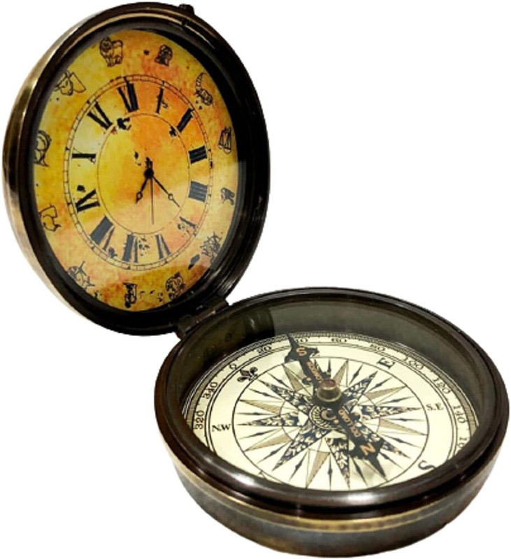 GENIUS EINSTEIN ENTERPRISES Antique Nautical Compass Pocket Compass Analog Clock Brass Compass(Gold)