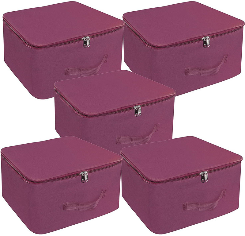 wini krafts ack Nylon Wardrobe Bag Underbed Moisture Proof Cloth Storage Organizer with Zippered Closure and Handle ( 37x35x23 cm) Square Pack OF 5(Maroon)