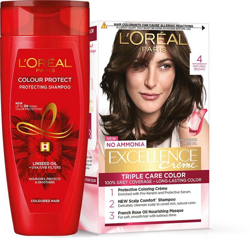 LOral Paris Excellence Creme Hair Color, Shade 4 – Dark Brown, (100 g + 72 ml) + (Colour Protect Shampoo, 192.5 ml) – Pack of 2 (2 Items in the set)