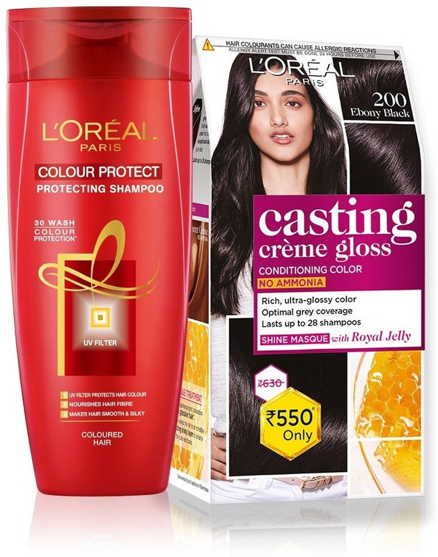 LOral Paris Casting Crme Gloss Hair Color, 200 – Ebony Black, 87.5 g + 72 ml) + (Colour Protect Shampoo, 192.5 ml) – Pack of 2 (2 Items in the set)