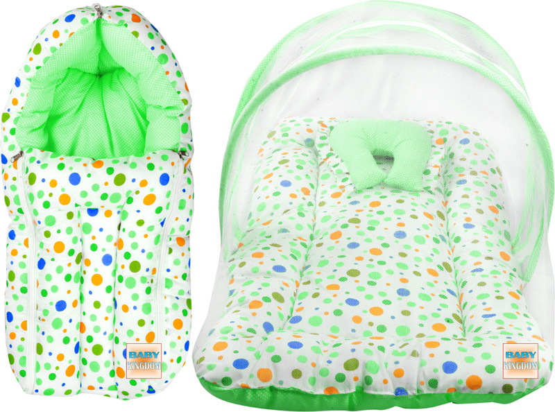 BABY KINGDOM Cotton Baby Bed Sized Bedding Set(Green Circle, 1 Baby Mosquito Net Bed With a soft Pillow, 1 Super Soft Sleeping bag)