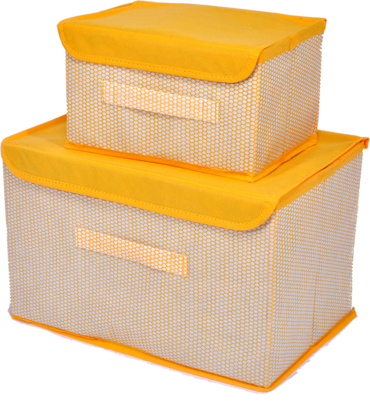 Crownsy Set of 2 Storage Basket Bins Non-Woven Wardrobe Closet Organizer Foldable Drawer Rectangular Stackable Box/Bins with Lid & Handle (Yellow)(Yellow)