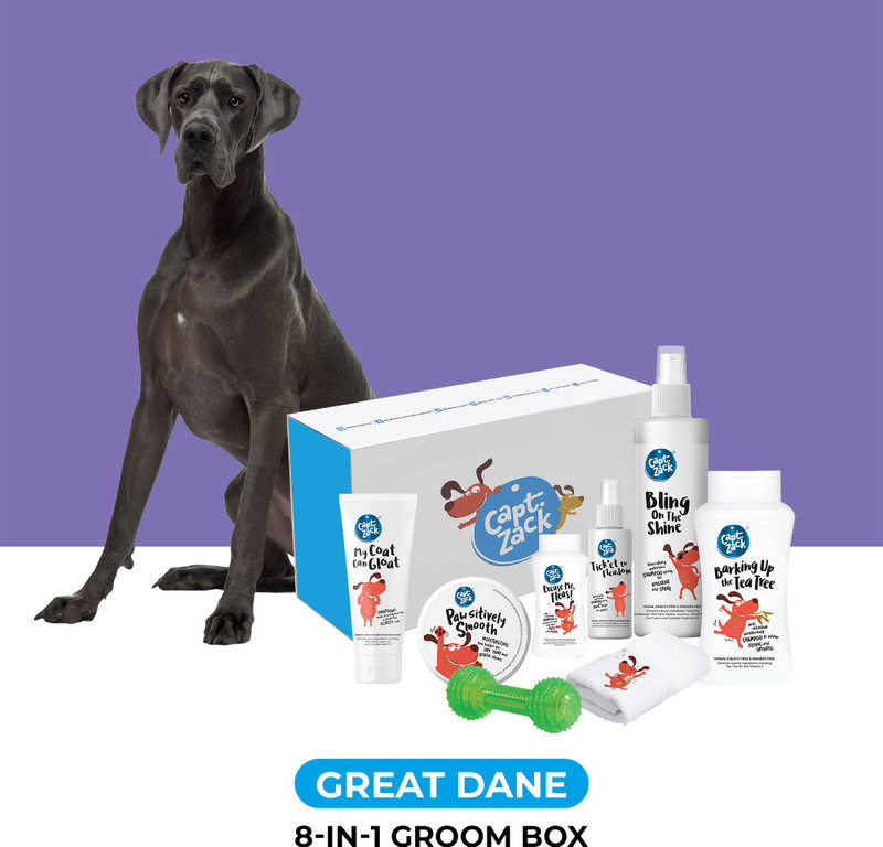 Captain Zack The Great Dane Groom Box – Ultimate 8-in-1, Head-to-Paw Groom-Kit for Your Dog- (Shampoo +Conditioner +Dry Shampoo +Paw Butter +Toy +Towel)- pH Neutral and Paraben Free Pet Spa Kit