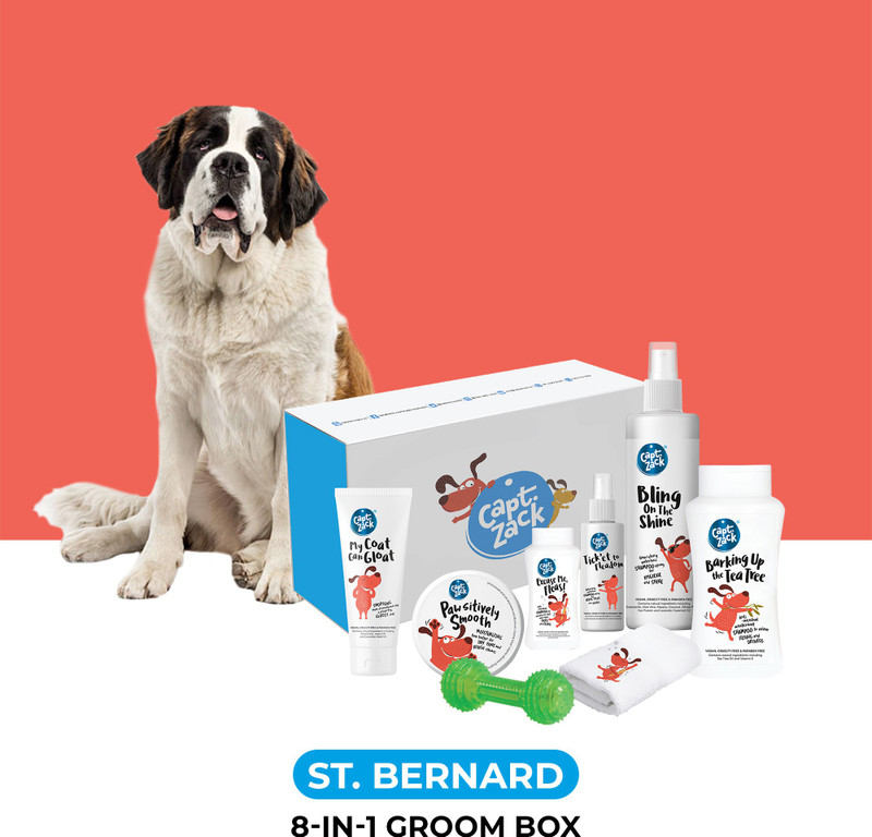 Captain Zack The St Bernard Groom Box – Ultimate 8-in-1, Head-to-Paw Groom-Kit for Your Dog- (Shampoo +Conditioner +Dry Shampoo +Paw Butter +Toy +Towel)- pH Neutral and Paraben Free Pet Spa Kit