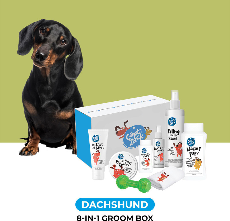 Captain Zack The Dachshund Groom Box – Ultimate 8-in-1, Head-to-Paw Groom-Kit for Your Dog- (Shampoo +Conditioner +Dry Shampoo +Paw Butter +Toy +Towel)- pH Neutral and Paraben Free Pet Spa Kit
