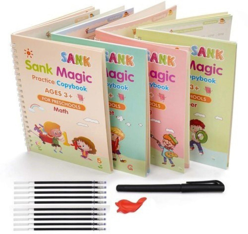 FIONATECH Reusable Sank Magic Practice Copybook, (1 Pen + 1 Grip + 4 BOOK + 10 REFILL)(Beige, Pink, Yellow, Green)