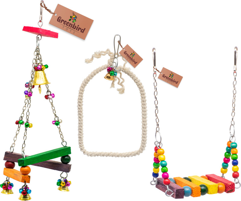 GREENBIRDS Combo Of 4 Bird Toys Grass Swing, Perches, Tassels Toy Ring For Bird & Parrot Wooden Chew Toy, Training Aid, Perch For Bird