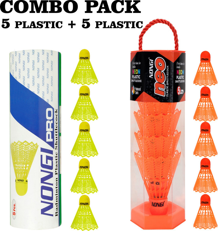 Nongi Badminton Shuttle (NEO & PRO) Combo Pack Of 10 Shuttle For Indoor Outdoor Sports Plastic Shuttle - Orange, Yellow(Medium, 77, Pack of 10)