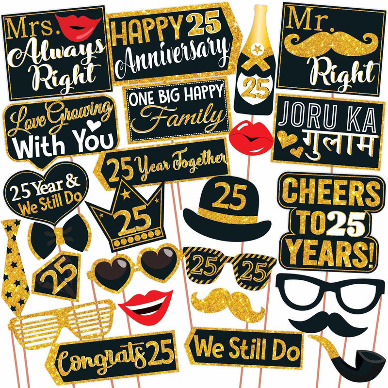ZYOZI 25th Anniversary Photo Booth Party Prop,Anniversary Party Decoration- Pack Of 26 Photo Booth Board(Party, Wedding)