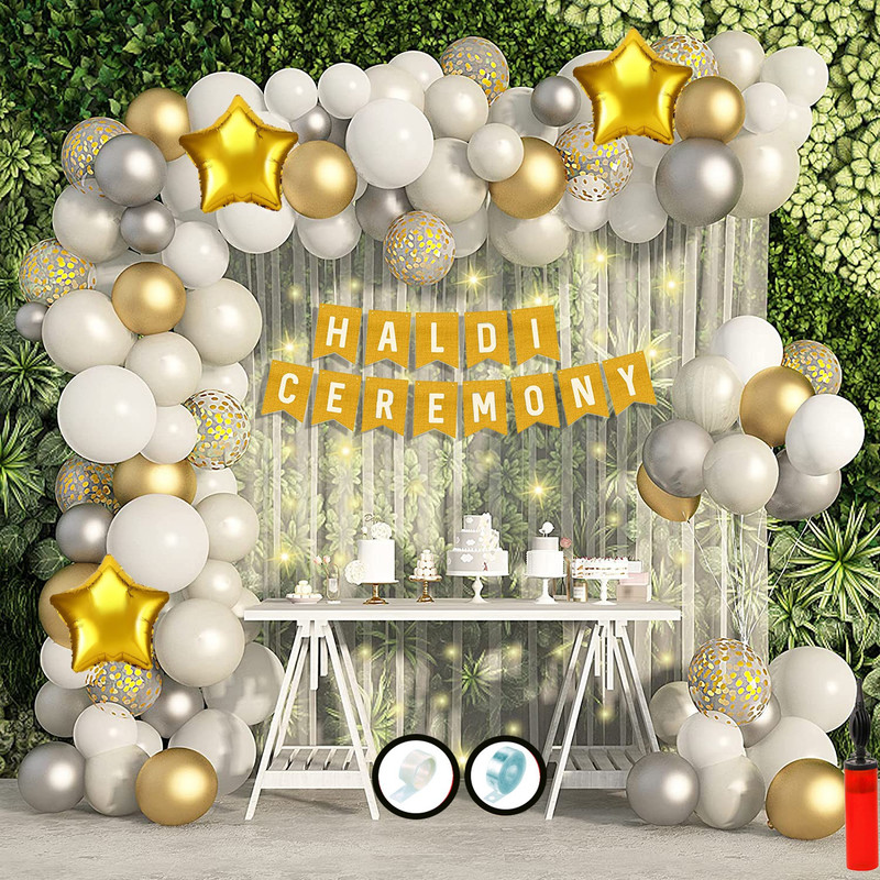 Hemito Haldi Ceremony Banner Gold Silver White Balloons White BackDrop with LED(Set of 72)