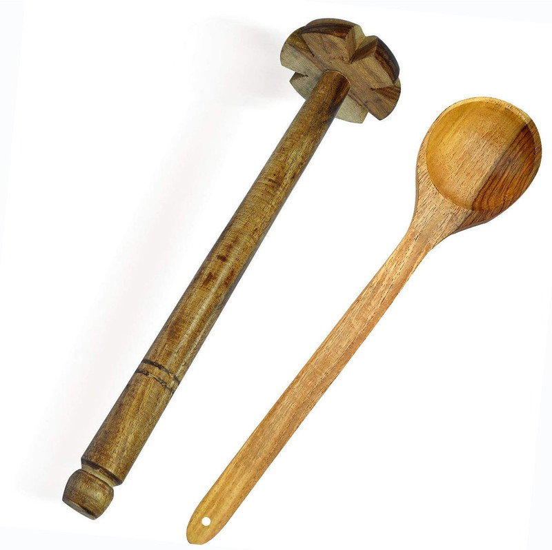 Top Trick handicrafts Wooden Hand Masher (Dal/Lassie Ghotni)+ Dal Spoon Set Of 2 Wood Masher