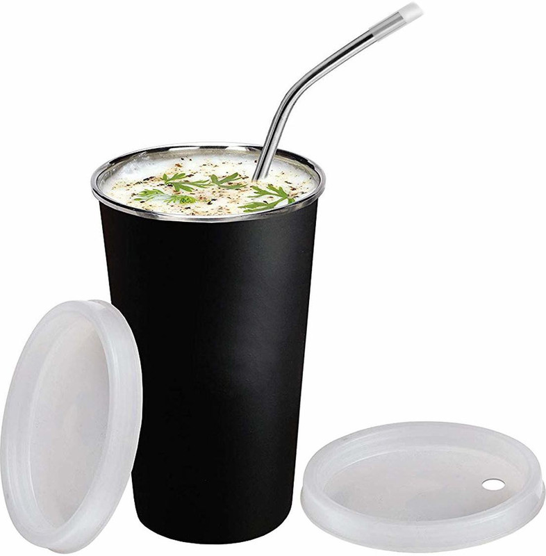 KIDINGTON Stainless Steel Sipper Glass with Straw for Kids black(Black)