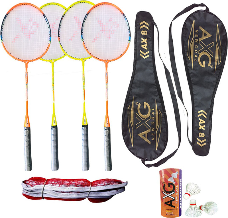 AXG NEW GOAL Persistent Badminton Rackets Set of 4 With 3 Shuttles, Net and 2 Covers Badminton Kit