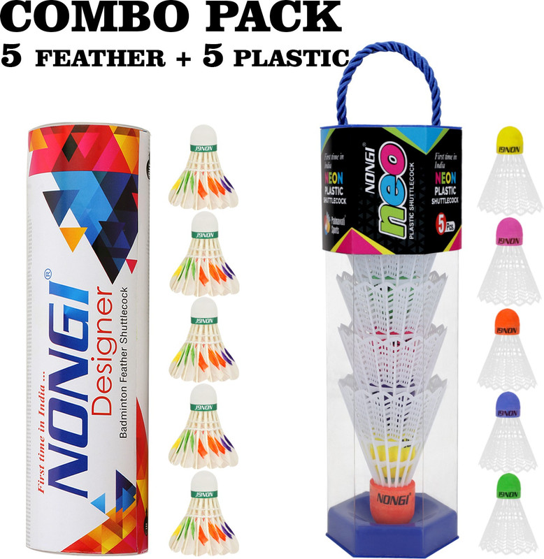 Nongi Badminton Shuttle (NEO & D6) Combo Pack Of 10 For Indoor Outdoor Sport Feather & Plastic Shuttle  - Orange, Yellow, Green, Pink, White(Medium, 77, Pack of 10)