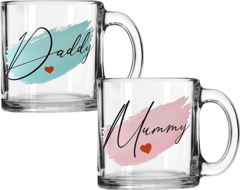 V Kraft Pack of 2 Glass "MUMMY AND DADDY" Unique Transparent Glass Mug Gift for mom dad, anniversary(Clear, Cup)