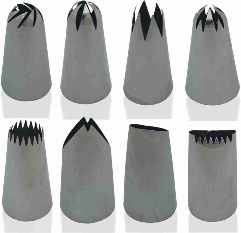 Bakedude 2D 1M 2F 2C Sunflower Rose Basket Grass DIY Cream Rose Flower Piping Nozzles Stainless Steel Cupcake Pastry Tips Nozzle Bakery Cake Decoration Tool Set (Pack of 8) Stainless Steel Multi-opening Icing Nozzle(Silver Pack of 8)