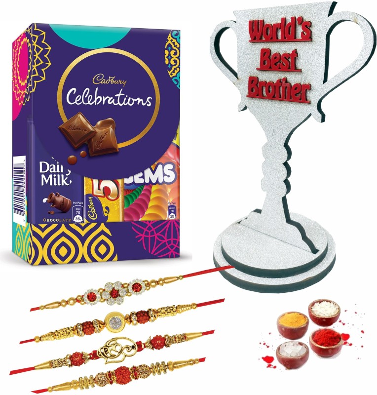FabBites Rakhi for Brother with Cadbury Celebration Box with World Best Brother Trophy Wooden Gift Box(Multicolor)