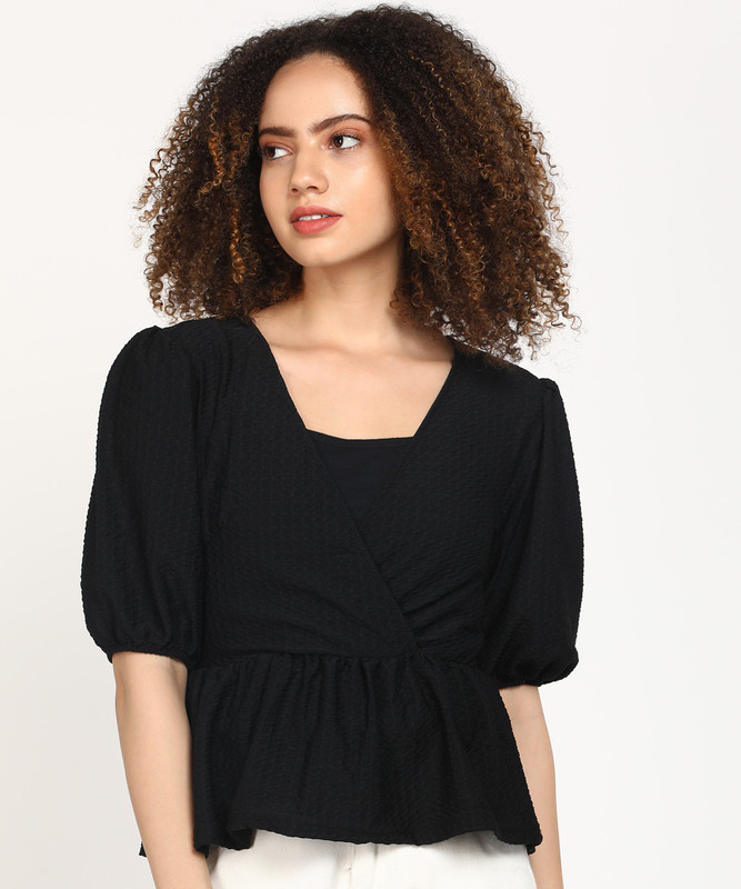 Hailys Casual Half Sleeve Solid Women Black Top