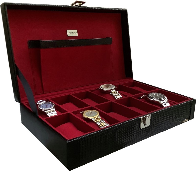 ChestKraft 'Black Ocean Pearl' 12 Slot Watch Box Organizer in Leatherette and velvet , Black with Silver contrast ,Wine Suede with Silver Finish Latch Watch Box(Black and Silver, Holds 12 Watches)