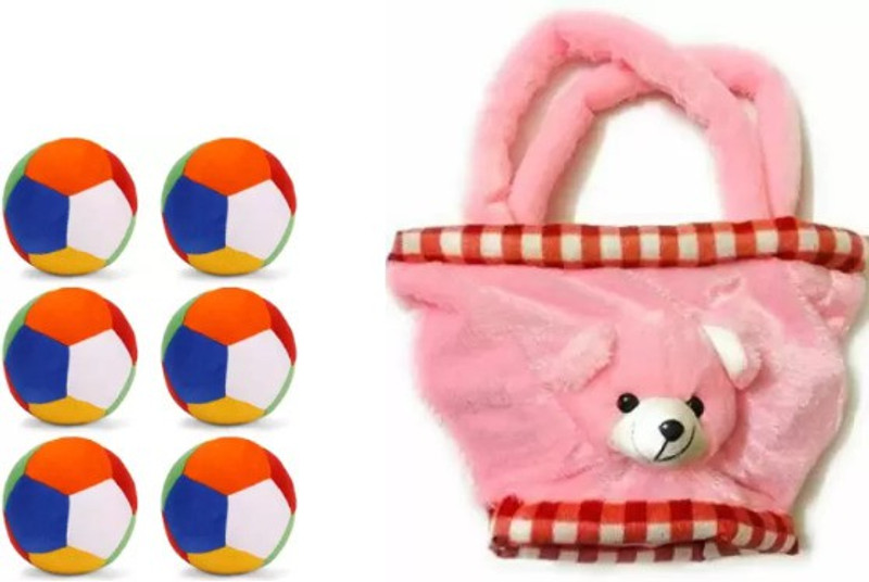 KPN New 6pc soft toys and pink basket  - 30 cm(Multicolor)