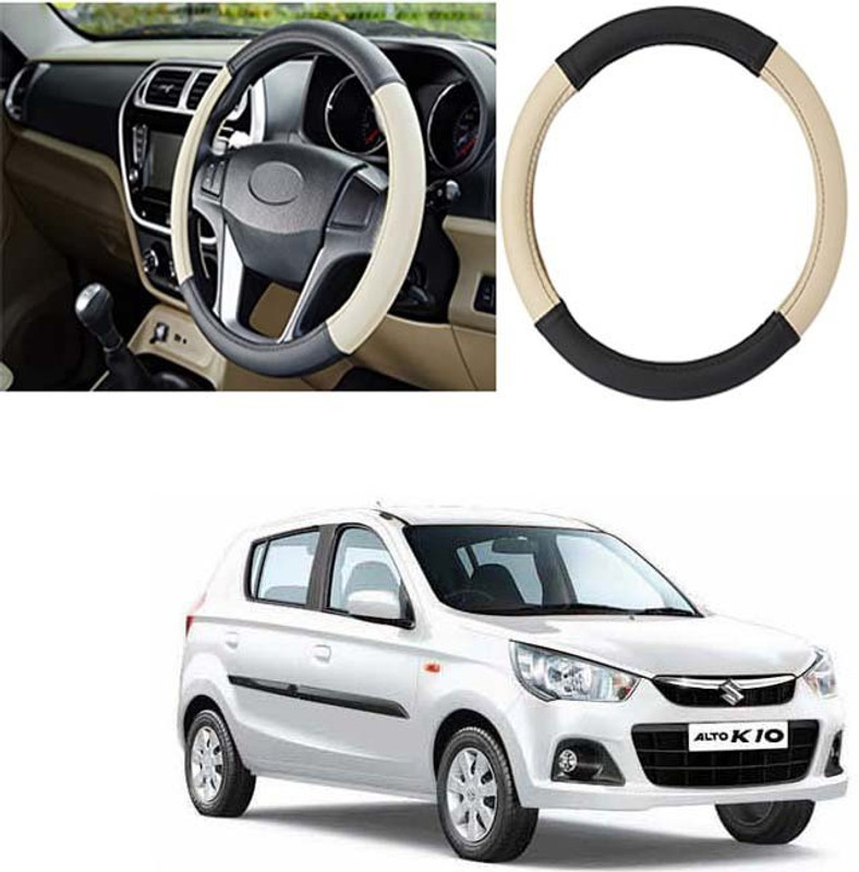 Etradezone Hand Stiched Steering Cover For Maruti Alto K10(Black, Beige, Leatherite)