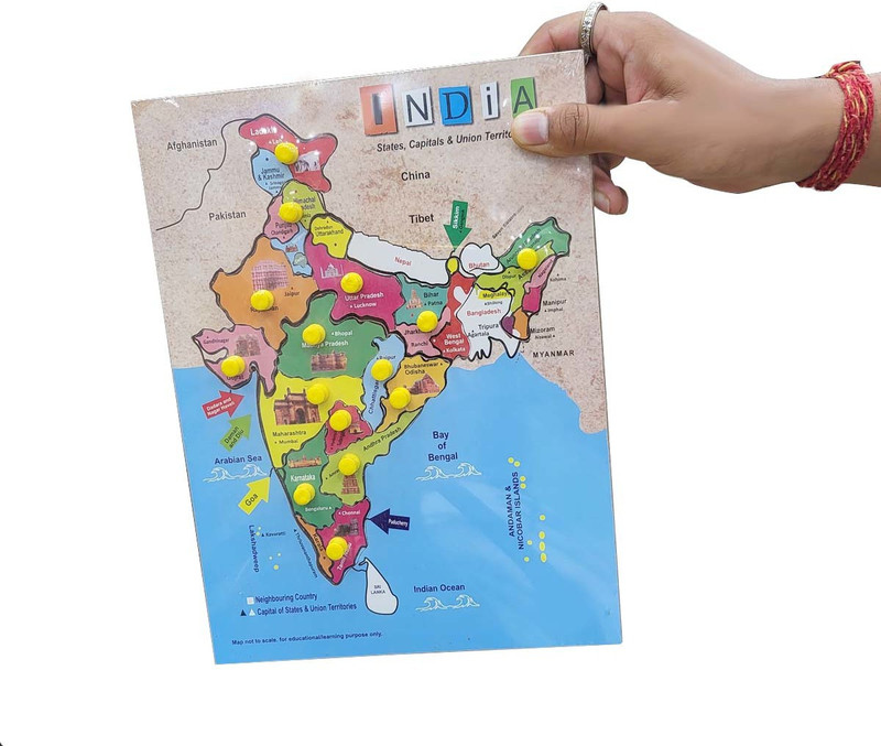 Poktum Premium Quality Wooden India Map Puzzle Board Map with Knobs(Multicolor)