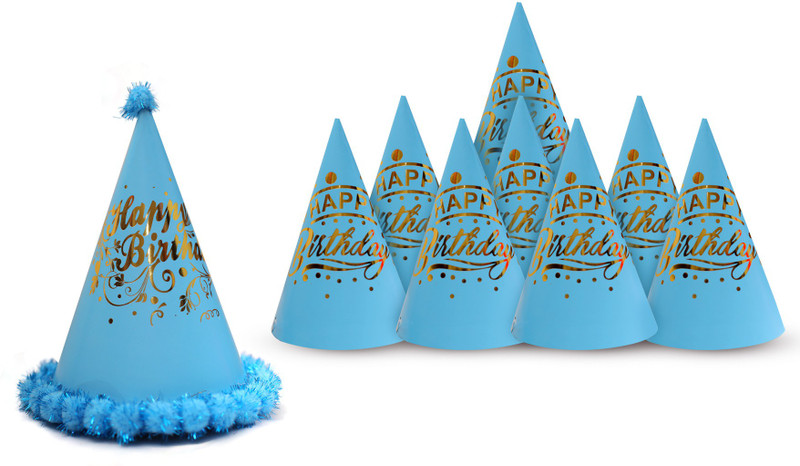 Vmd Birthday caps 1 Fancy SKY-BLUE Cap with 8 Printed SKY-BLUE Cap for Birthday KIDS(SKY-BLUE, Pack of 9)