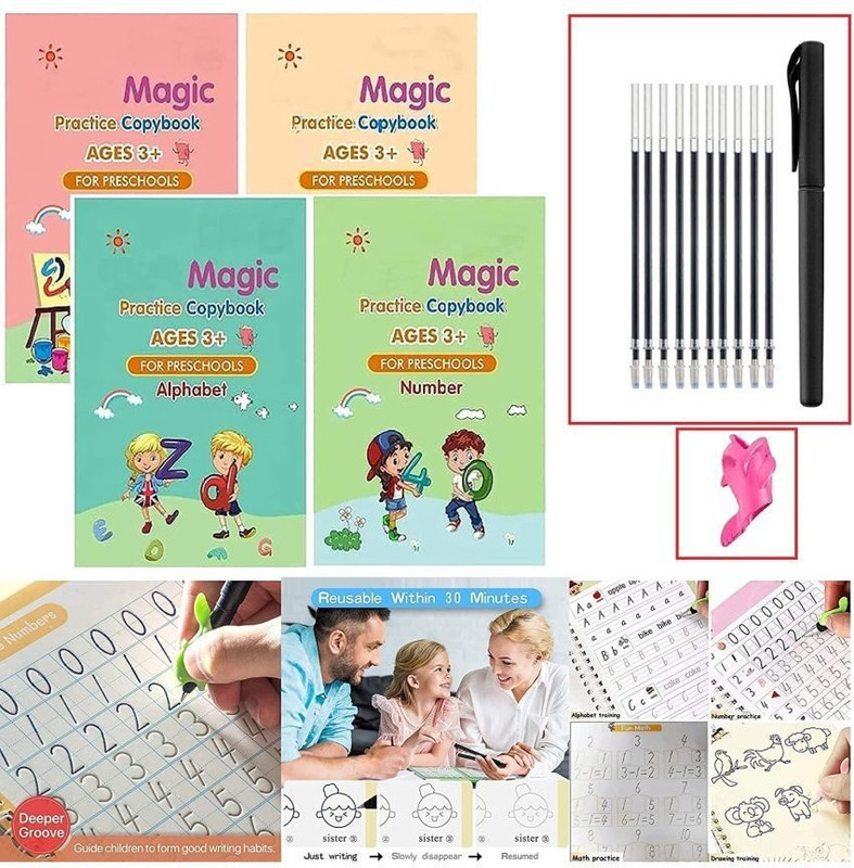 ALORNOR Practice Copy Book Set of 4 Magic Writing & Drawing Books Kit for Toddler(Multicolor)