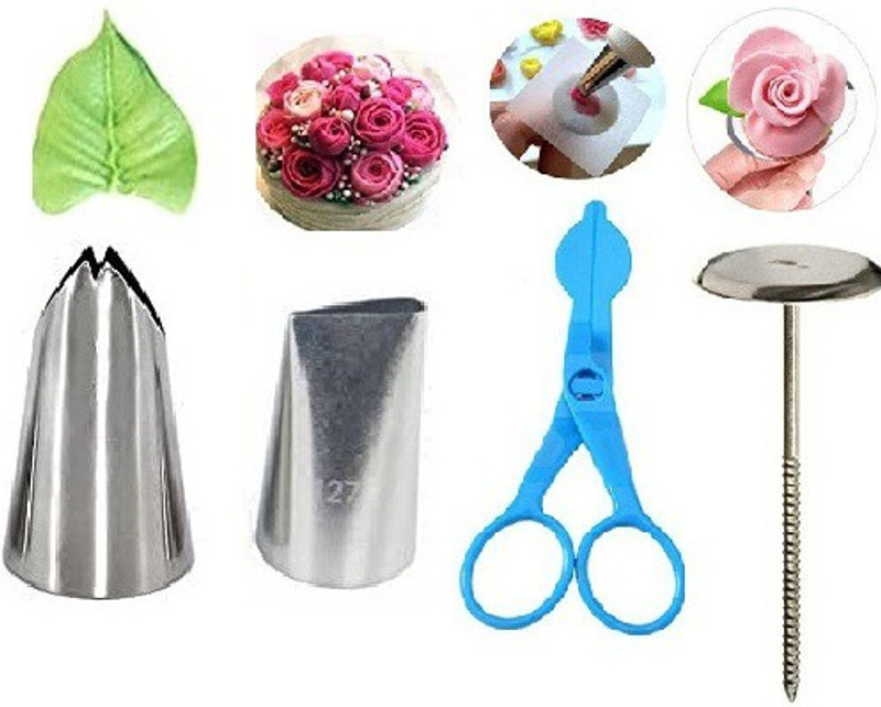 kyamison 113 Leaf & 127 Rose Nozzle With 1 Flower Nail Lifters & 1 Flower Stand Nail Stainless Steel Petal Icing Nozzle(Steel Pack of 4)